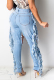 Blue Denim Button Fly Mid Patchwork Solid Tassel Hole Hooded Out crayon Pantalon Bas