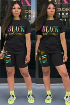 Black Fashion Casual volwassen Brief Patchwork Print Tweedelige Pakken Potlood Korte Mouw Twee Stukken