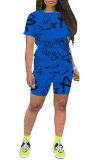 Blue Fashion Casual adult Letter Patchwork Print Slim fit scrawl Two Piece Suits Straight Short Sleeve Two Pieces