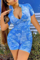 Синий модный уличный комбинезон с драпированной застежкой-молнией и коротким рукавом с круглым вырезом