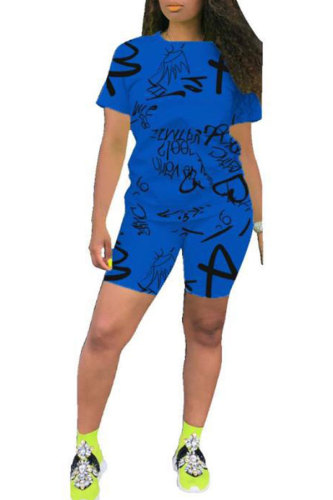 Blauwe mode casual volwassen brief patchwork print slim fit gekrabbel tweedelige pakken rechte korte mouw twee stukken