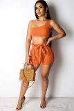 Orange Sexy Fashion HOLLOWED OUT Print asymmetrisches Patchwork gerades zweiteiliges kurzes Set