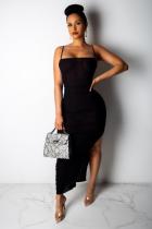 Black Sexy Fashion Spaghetti Strap Sleeveless Slip Slim Dress Ankle-Length asymmetrical Draped S