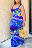 Синяя мода для взрослых Street Blue Orange Многоцветная майка без рукавов с круглым вырезом Ступенчатая юбка длиной до пола в полоску с принтом в стиле пэчворк