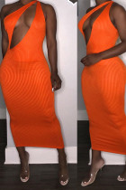 Orange Fashion Sexy adult One Shoulder Sleeveless one shoulder collar Step Skirt Mid-Calf Striped