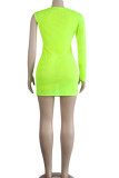 Флуоресцентно-зеленое сексуальное платье с короткими рукавами и круглым вырезом трапециевидной формы длиной до колена, однотонное клубное платье с перспективой