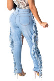 Синие джинсовые брюки-карандаш на пуговицах средней длины в стиле пэчворк, однотонные, с кисточками, с капюшоном и дырками, карандаш