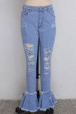 Light Blue Denim Button Fly Sleeveless High Patchwork Solid Hole Old Boot Cut Pants Bottoms
