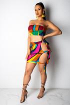 Flerfärgad Sexig Mode Patchwork Bandagetryck Höftkjol Tvådelad klänning