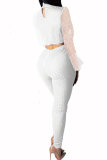 White Sexy Fashion Dot Patchwork Mesh pencil Two-piece Pants Set