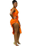 Oranje sexy tank mouwloos O-hals asymmetrische rok patchwork effen asymmetrische vezelige zelfkant