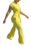 Желтые модные повседневные однотонные комбинезоны с коротким рукавом и круглым вырезом