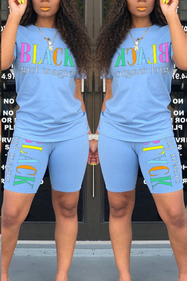 Light Blue Fashion Casual adult Letter Patchwork Print Two Piece Suits pencil Short Sleeve Two Pieces
