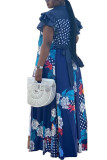 イエローファッションアダルトMa'amOLブルーイエローフリルスリーブ半袖ターンダウンカラーSwaggerフロアレングスプリントパッチワークドレス