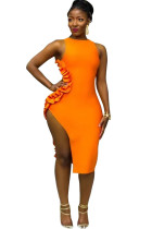 Оранжевая сексуальная майка без рукавов с круглым вырезом Асимметричная юбка Пэчворк Однотонная асимметричная волокнистая кромка