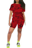 Красные модные повседневные костюмы из двух предметов с буквенным принтом для взрослых, облегающие костюмы с короткими рукавами и короткими рукавами