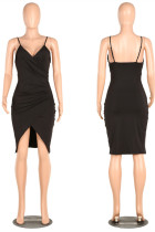 Black Fashion Sexy Slip Step Skirt Knee-Length backless Solid Club Dresses