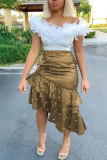 Золотые прямые юбки из полиуретана с эластичной ширинкой и высокими рюшами в асимметричный горошек