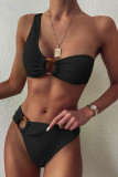 Black Fashion Ma'am Patchwork Solid Two Piece Suits Swimwears