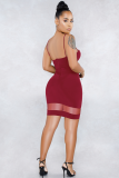 Wine Red Fashion Sexy Spaghetti Strap Sleeveless Slip Step Skirt Knee-Length hollow out Patchwork Mesh perspe