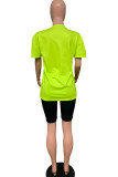 Флуоресцентный зеленый модный костюм из двух предметов с принтом в стиле пэчворк для взрослых, мэм-стрит, прямые, с коротким рукавом, из двух предметов