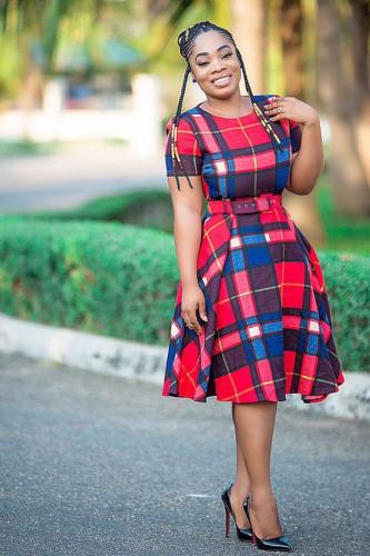 Red Polyester Cap Sleeve Short Sleeves O neck Ball Gown Knee-Length Plaid Draped  Casual Dresses