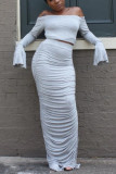 Grey Fashion Sexy adult Patchwork Solid backless Draped Two Piece Suits pencil Half Sleeve Two Pieces