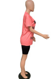 Розовый модный костюм из двух предметов с принтом в стиле пэчворк для взрослых, мэм-стрит, прямые, с коротким рукавом, из двух предметов