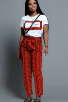 Red Casual Print Straight Short Sleeve Two-piece Pants Set