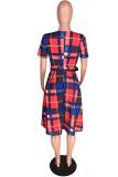 Red Cap Sleeve Short Sleeves O neck Ball Gown Knee-Length Plaid Draped Casual Dresses