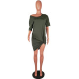 Green Casual One Shoulder Half Sleeves O neck Straight Mini Casual Dresses