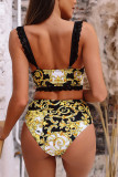 Yellow Nylon Patchwork Print crop top backless Two Piece Suits Fashion Sexy adult Swimwears