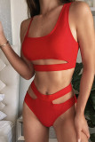 Estampado de retazos de nailon rojo, top corto liso sin espalda, con capucha, a la moda, bañadores sexis para adultos