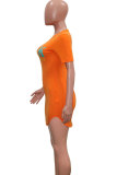 オレンジ ファッション カジュアル 大人 ブラック キャップ スリーブ 半袖 O ネック ステップ スカート ミニ プリント パッチワーク キャラクター ドレス
