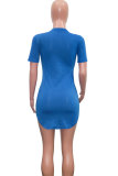 ブルーファッションカジュアル大人ブラックキャップスリーブ半袖Oネックステップスカートミニプリントパッチワークキャラクタードレス