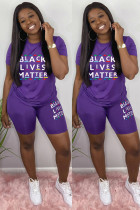 purple Fashion Active adult Letter Patchwork Print Two Piece Suits Straight Short Sleeve Two Pieces