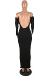 Черное модное сексуальное платье-карандаш с открытыми плечами и длинными рукавами, одно слово, воротник, клубное платье до середины икры с открытой спиной