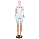 Grey Elastic Fly Mid Letter Loose Pants Two-piece suit