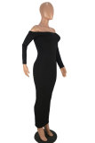 Black Fashion Sexy Off The Shoulder Long Sleeves One word collar Pencil Dress Mid-Calf backless Club Dres