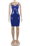 Blue PU Fashion Sexy Spaghetti Strap Sleeveless Slip Hip skirt Knee-Length perspective lace bac