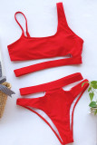 Röd Nylon Patchwork Print Solid crop top rygglös Hooded Out Mode Sexiga badkläder för vuxna