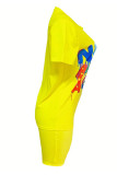 Moda amarela casual adulto carta retalhos impressão ternos de duas peças em linha reta manga curta duas peças