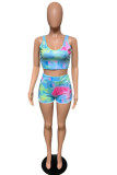 Blue Fashion Casual adult Patchwork Print backless Tie Dye Two Piece Suits Straight Sleeveless Two Pieces