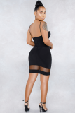 Black Fashion Sexy Spaghetti Strap Sleeveless Slip Step Skirt Knee-Length hollow out Patchwork Mesh perspe