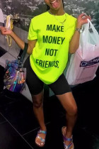Fluorescent green Fashion adult Ma'am Street Letter Patchwork Print Two Piece Suits Straight Short Sleeve Two Pieces