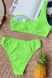 Fluorescent green Fashion Ma'am Patchwork Solid Two Piece Suits Swimwears