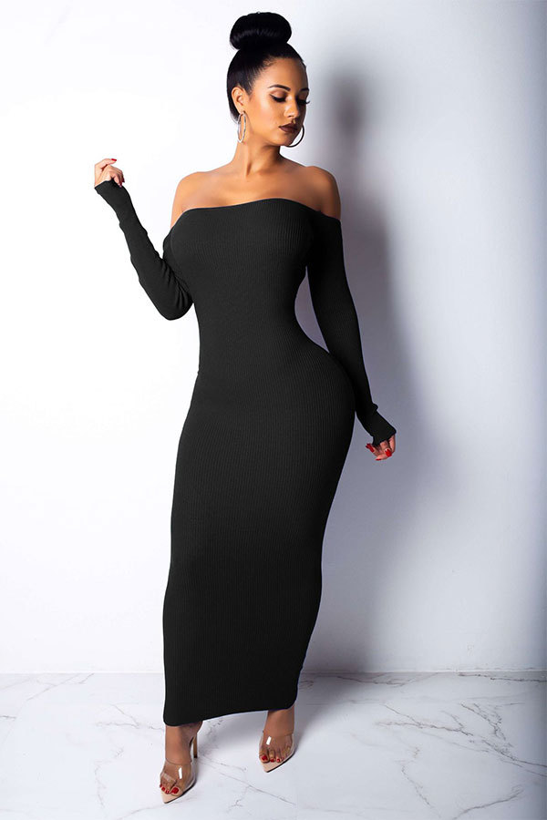 Черное модное сексуальное платье-карандаш с открытыми плечами и длинными рукавами, одно слово, воротник, клубное платье до середины икры с открытой спиной