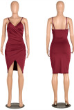 Wine Red Fashion Sexy Slip Step Skirt Knee-Length backless Solid Club Dresses