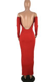 Красное модное сексуальное платье-карандаш с открытыми плечами и длинными рукавами, одно слово, воротник, платье-карандаш до середины икры, клубное платье с открытой спиной