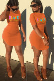 オレンジ ファッション カジュアル 大人 ブラック キャップ スリーブ 半袖 O ネック ステップ スカート ミニ プリント パッチワーク キャラクター ドレス